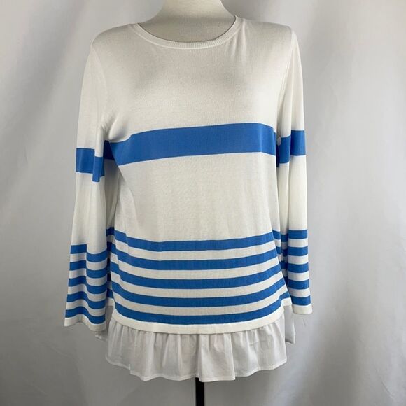 NEW Les Copains Blue Striped Top with Ruffle - Picture 1 of 6